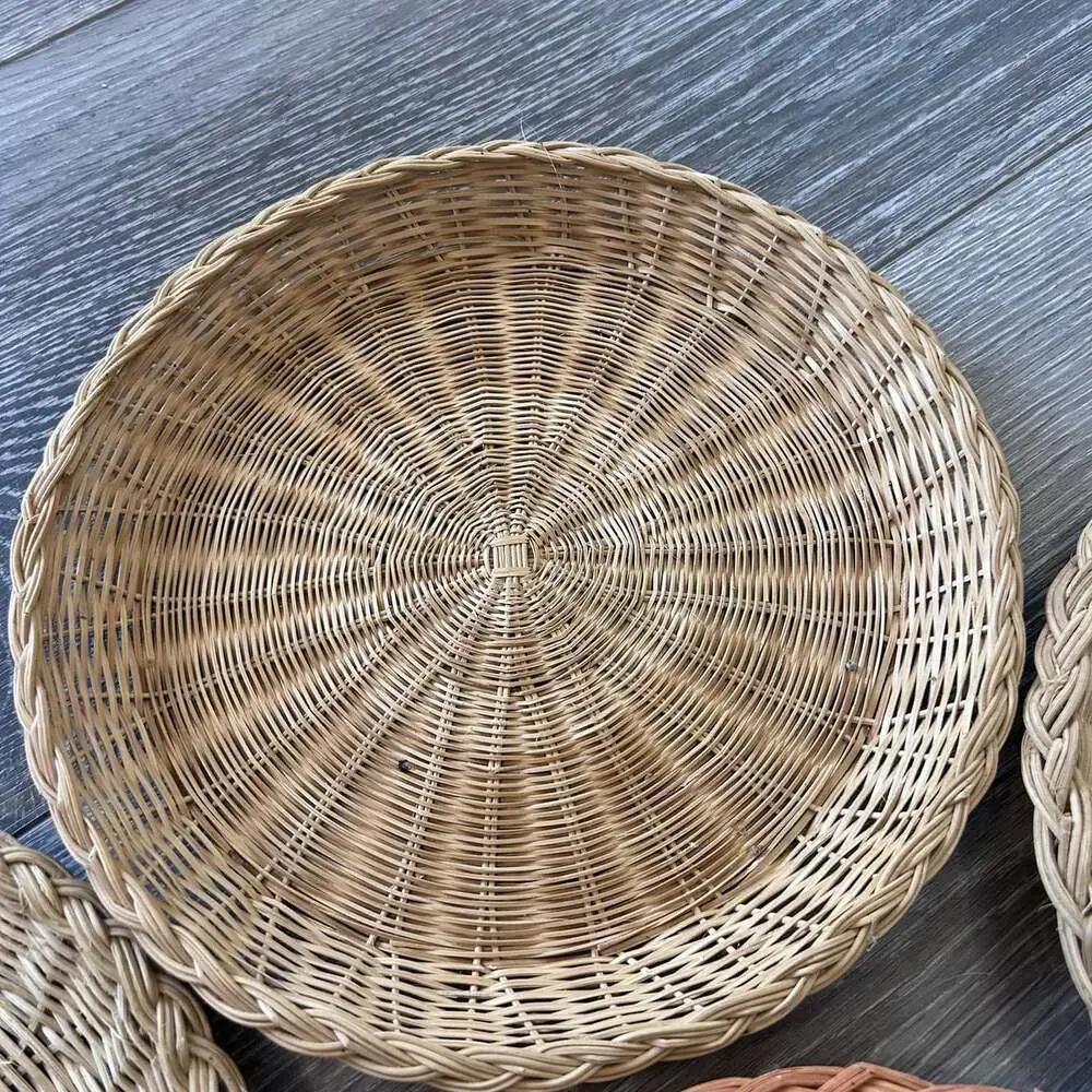 Vintage Wicker Plate Holders Set of 4 Boho Rattan Round Basket Wall Decor 10”